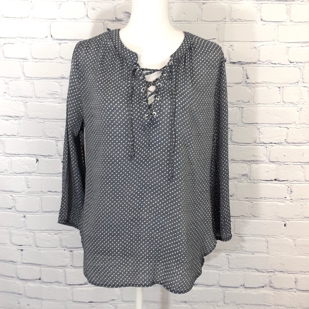 🌷Fred David polka dot blouse tunic top Sz L #239T